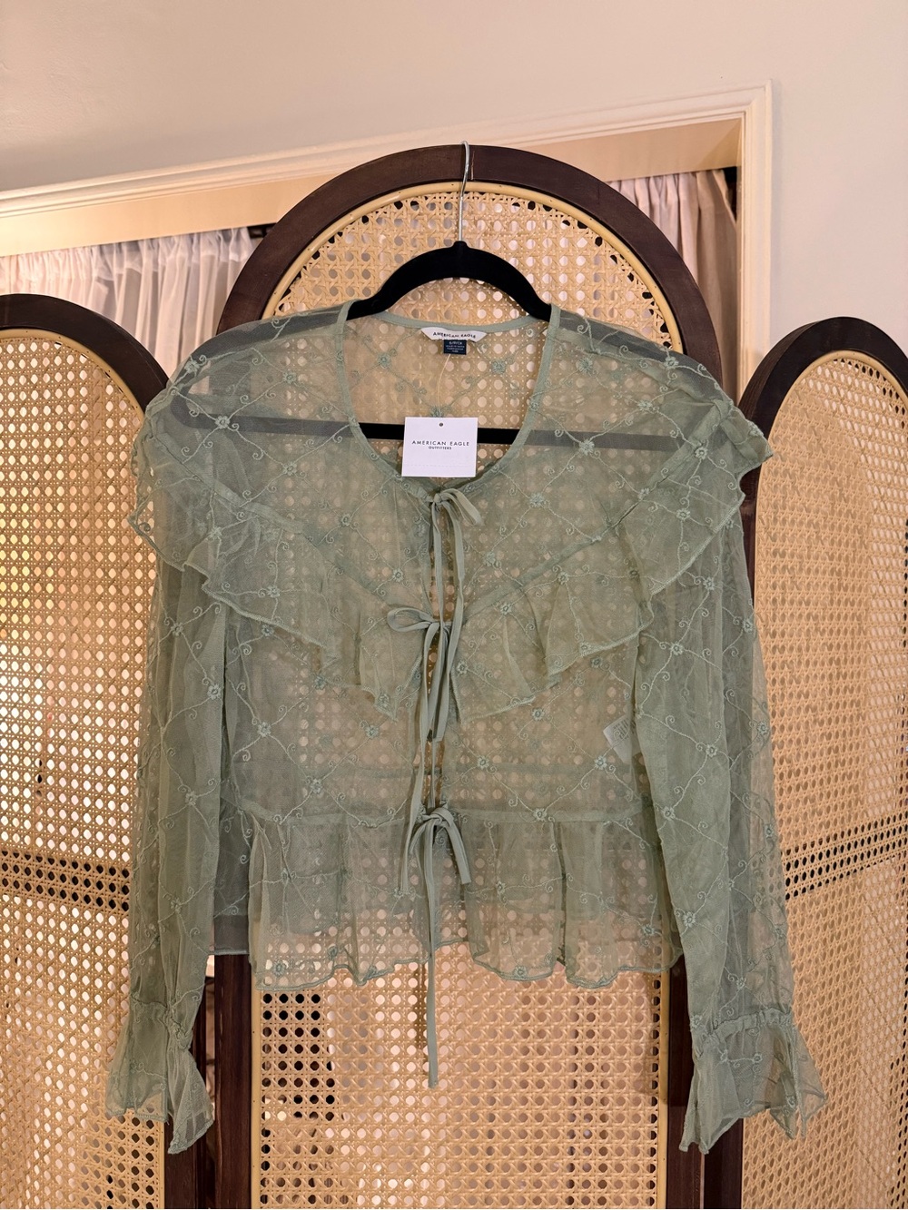 American Eagle Sage Green Lace Tie-Front Top